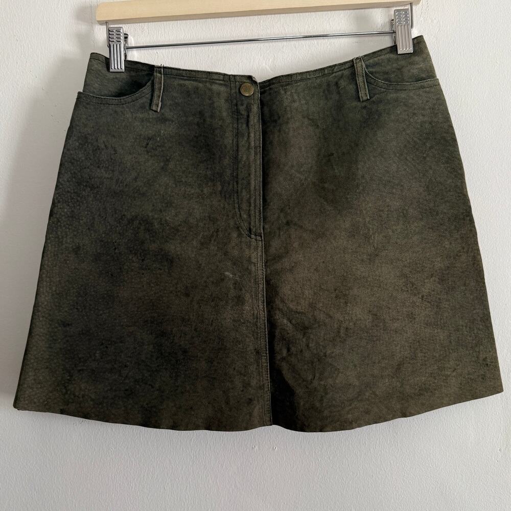 90s Vintage HUGO BUSCATI | Olive Green Suede Mini Skirt | 10 | Minimalist